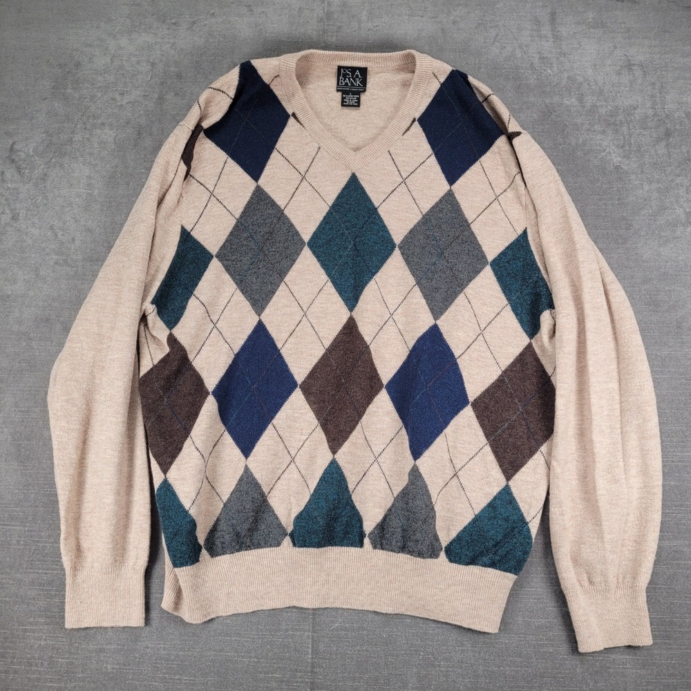 Argyle Sweater‎ JoS A Bank Pullover Knitwear Long Sleeve Grandpa Dad Sweater Lg